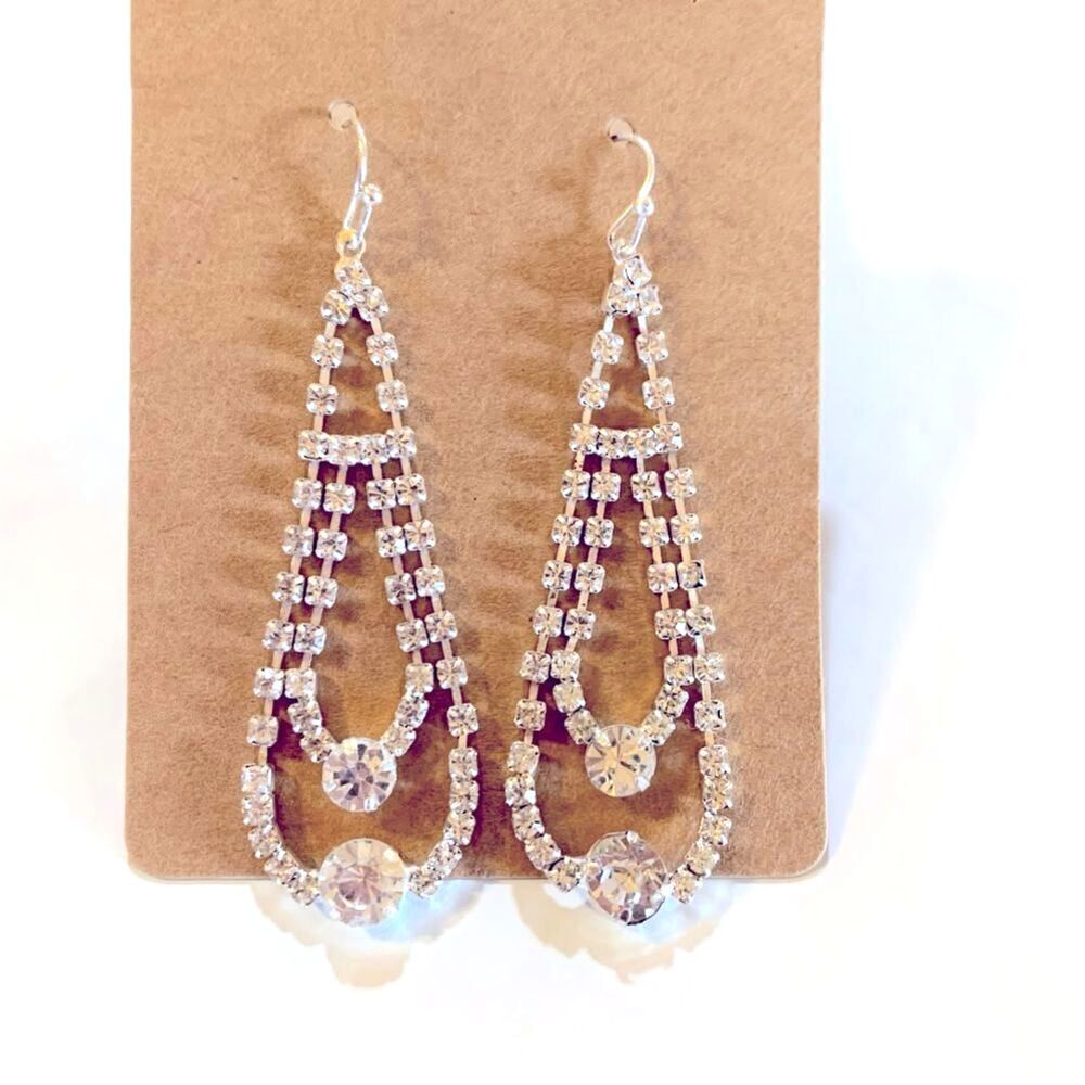 Vintage Rhinestone Dangle Drop Pierced Earrings Silver Tone Metal 2.5” 